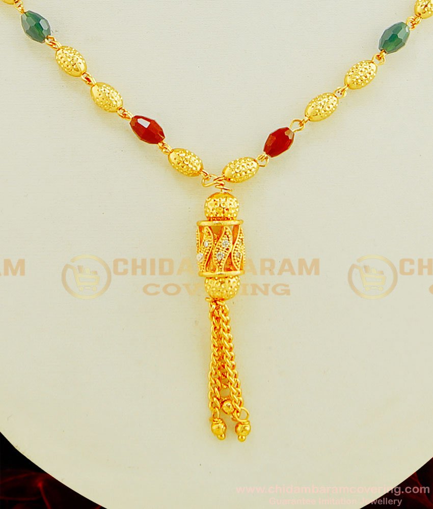 SHN044 - Gold Plated Light Weight Red Green Crystal Hanging Chain Mangalsutra for Women