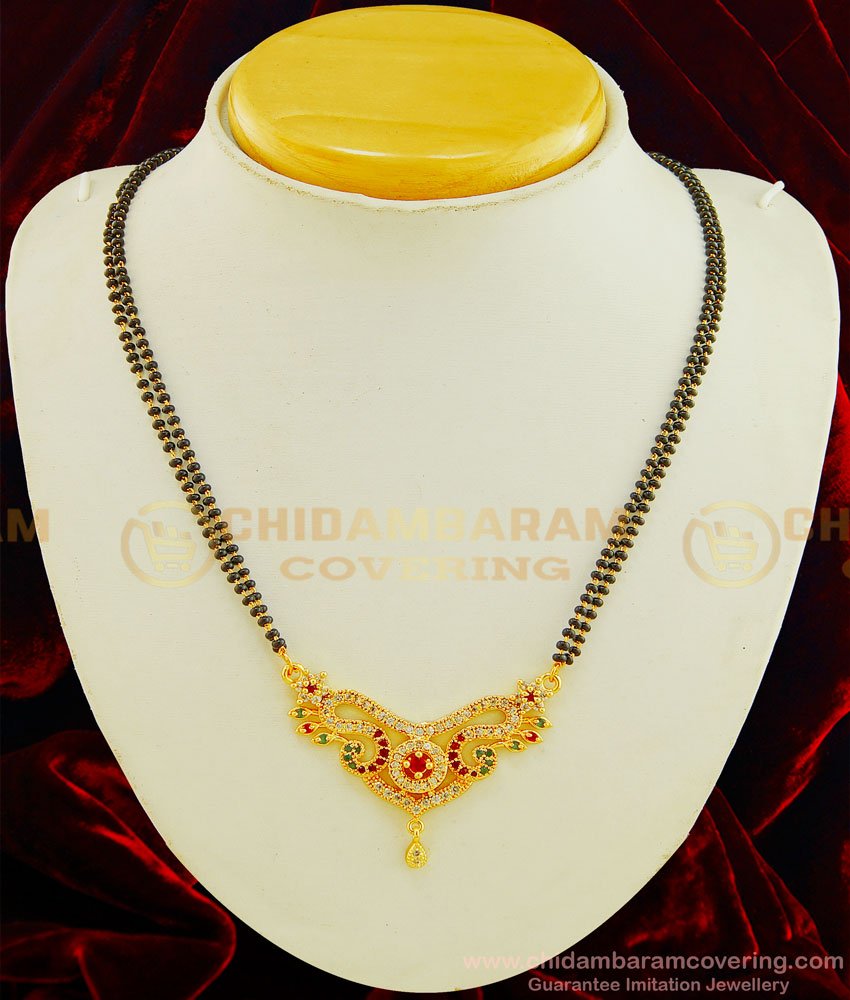 SHN049 - New Daily Wear Multi Stone Pendant Two Line Short Mangalsutra for Female