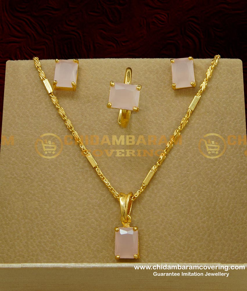 SCHN230 - Attractive Pale Pink Color Stone Pendant Chain and Earring with Adjustable Finger Ring Set Affordable Price Online