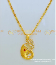SCHN234 - American Diamond White Stone Gold Plated Hindi Om Pendant with Chain Buy Online Shopping India