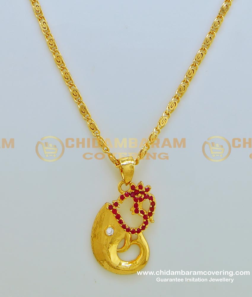 SCHN235 - Om Locket New Design Ruby Stone One Gram Gold Om Dollar with Short Chain 