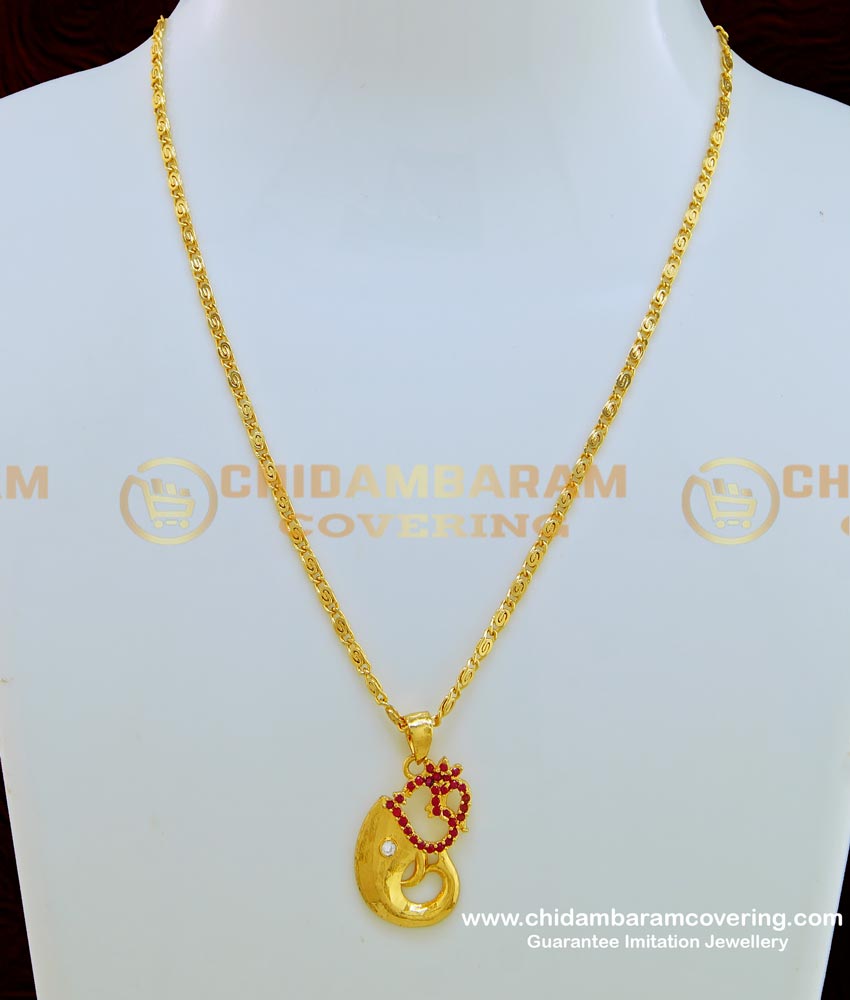 SCHN235 - Om Locket New Design Ruby Stone One Gram Gold Om Dollar with Short Chain 