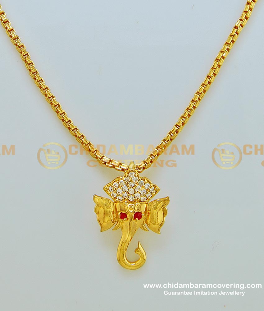SCHN236 - Diamond and Ruby Lord Ganesha gold Pendant One Gram Gold Vinayagar Locket with Chain for Male 