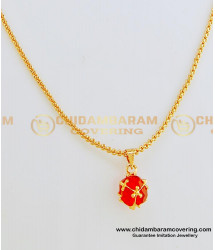 SCHN242 - New Style Simple Design Red Round Ball Stone Locket with One Gram Gold Daily Wear Short Chain for Girls