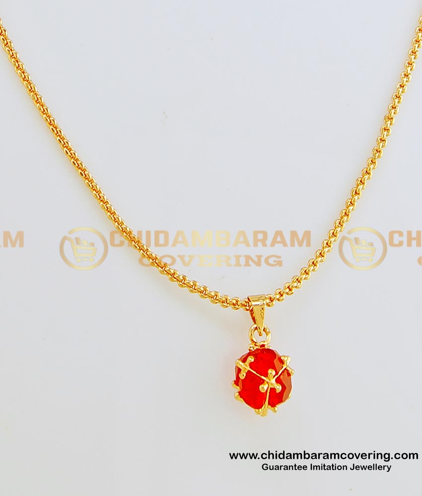 SCHN242 - New Style Simple Design Red Round Ball Stone Locket with One Gram Gold Daily Wear Short Chain for Girls