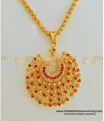 SCHN251 - One Gram Gold White and Ruby Stone Peacock Dollar Chain for Girls and Women  