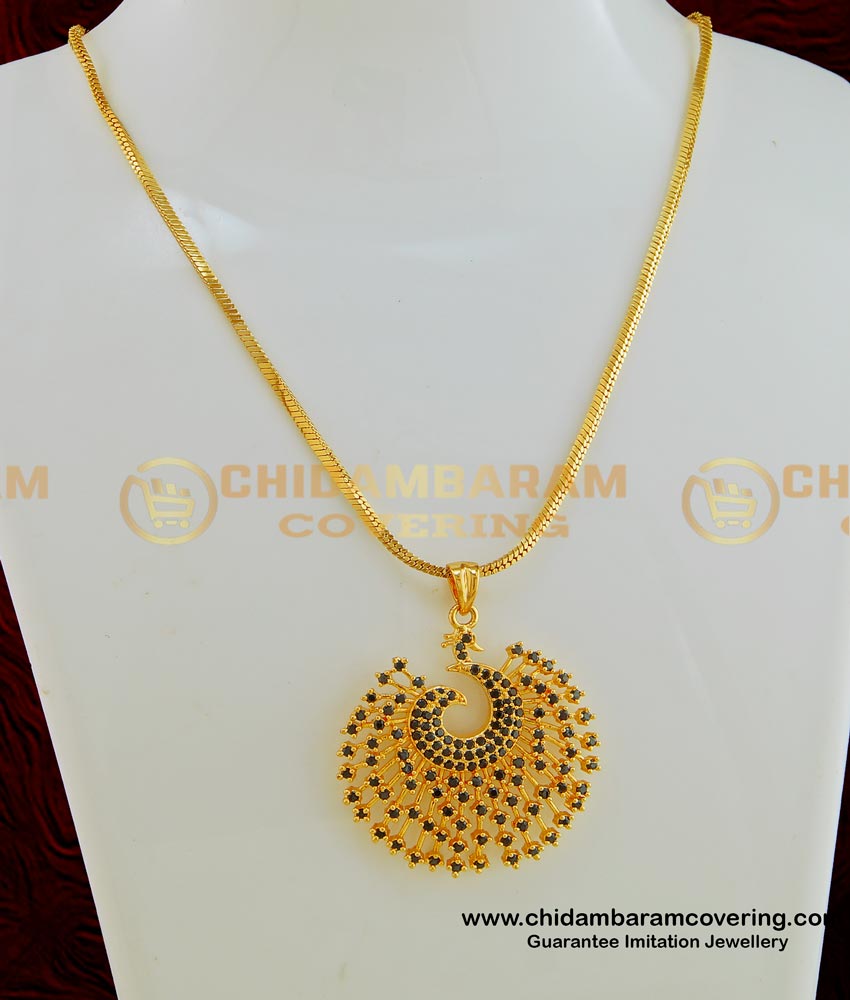 SCHN253 - Most Beautiful Real Gold Design Short Chain with Black Stone Peacock Pendant Buy Online