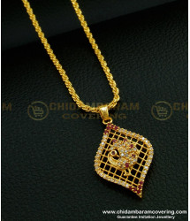 SCHN264 - Latest 1 Gram Gold White And Ruby Stone Peacock Design Locket Chain for Ladies