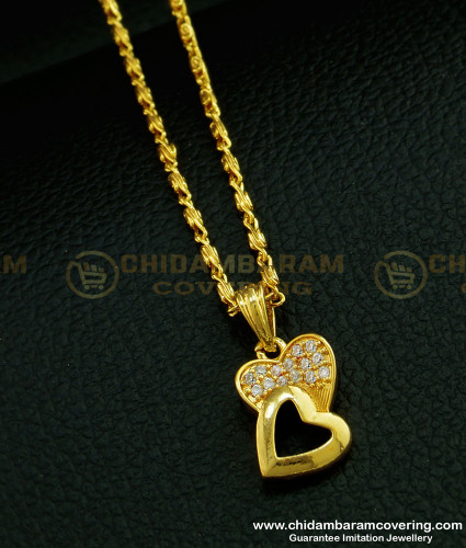 SCHN311 - One Gram Gold Double Heart Design White Stone Female Pendant with Short Chain