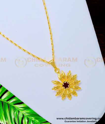 SCHN334 - New Model Light Weight Red Stone Flower Pendant Chain One Gram Gold Jewellery 