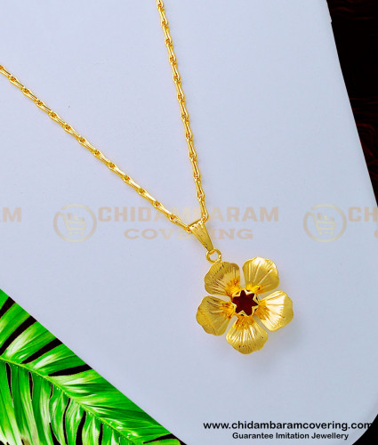 SCHN337 - Trendy Female Locket Gold Design Red Stone Flower Dollar Chain Online