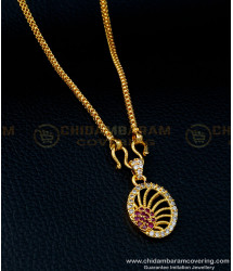 SCHN359 - Gold Plated White and Ruby Stone Office Wear Pendant with Small Chain for Women 