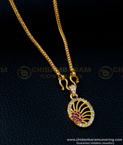 SCHN359 - Gold Plated White and Ruby Stone Office Wear Pendant with Small Chain for Women 