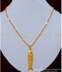 SCHN392 - 1 Gram Gold Ruby Stone Big Size Male Gold Fish Pendant Design with Chain 