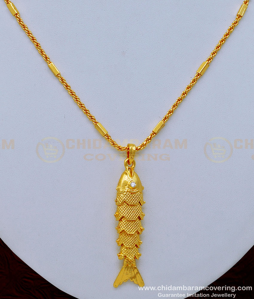 SCHN393 - 1 Gram Gold White Stone Big Size Male Gold Fish Dollar Design with Chain
