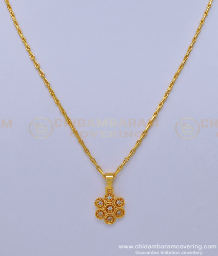 SCHN406 - 1 Gram Gold Light Wight White Stone Small Flower Pendant with Chain For Girls