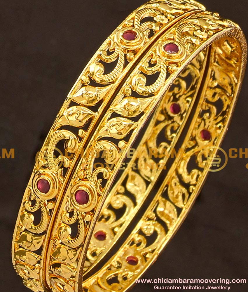 BNG123 - 2.4 Size New Modal Ruby Stone Gold Texture 1 Gram Gold Plated Bangle Buy Online