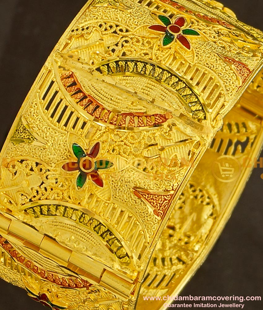 BNG136 - 2.6 Size Gold Design Enamel Finish Forming Gold Broad Kada Bangle Designs Bridal Jewellery Online