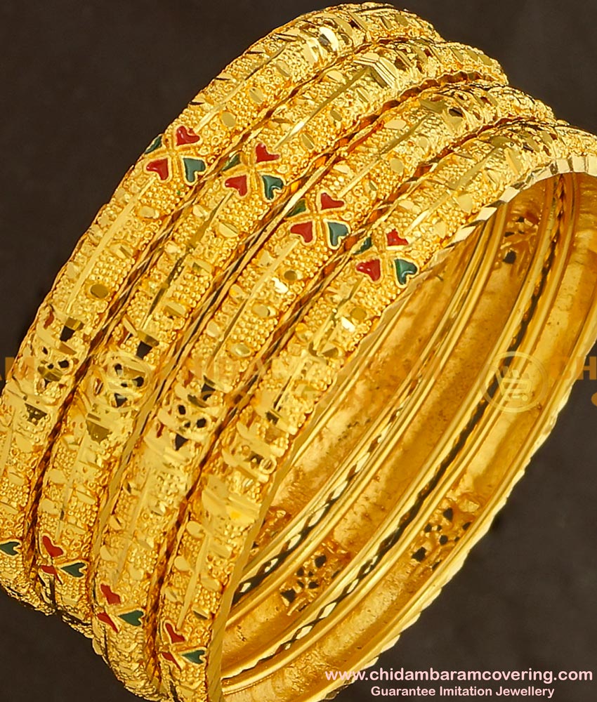 BNG142 - 2.6 Size Bridal Wear Light Weight Die Gold Bangles for Silk Saree