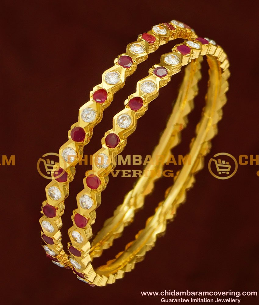 BNG159 - 2.6 Size Impon Bangle Stunning Gold First Quality Red and White Stone Five Metal Bangles Online