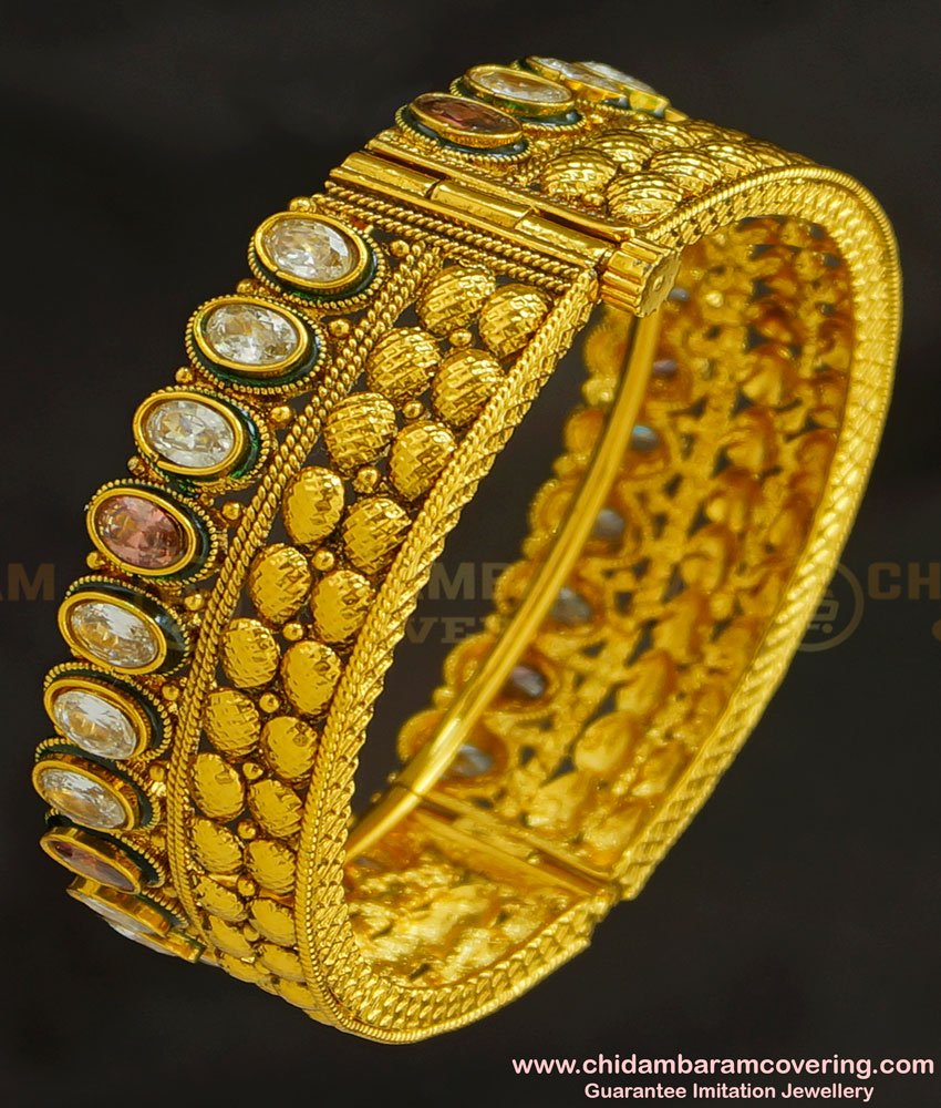 BNG228 - 2.6 Size Latest Gorgeous Gold Antique Look Stone Screw Kada Bangle Buy Online