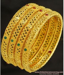 BNG231 - 2.6 Size Bridal Wear Hand Work Red and Green Stone Gold Forming Bangles 4 Pieces Set Best Price Online 
