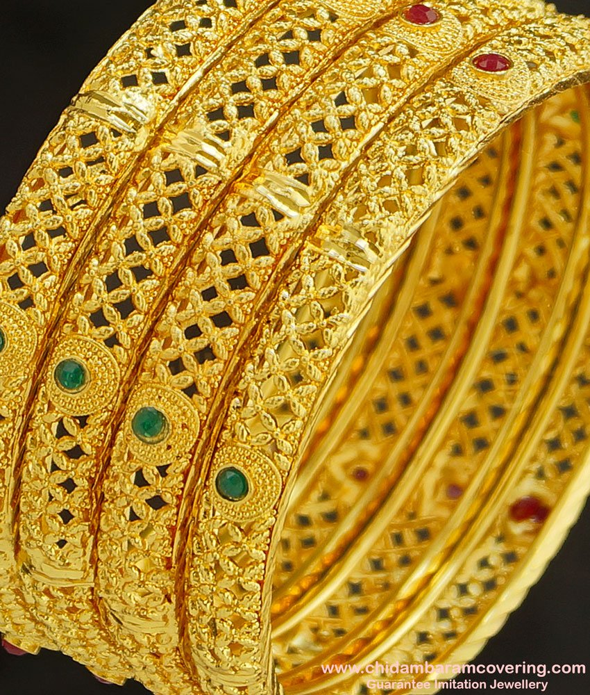 BNG231 - 2.4 Size Bridal Wear Hand Work Red and Green Stone Gold Forming Bangles 4 Pieces Set Best Price Online 