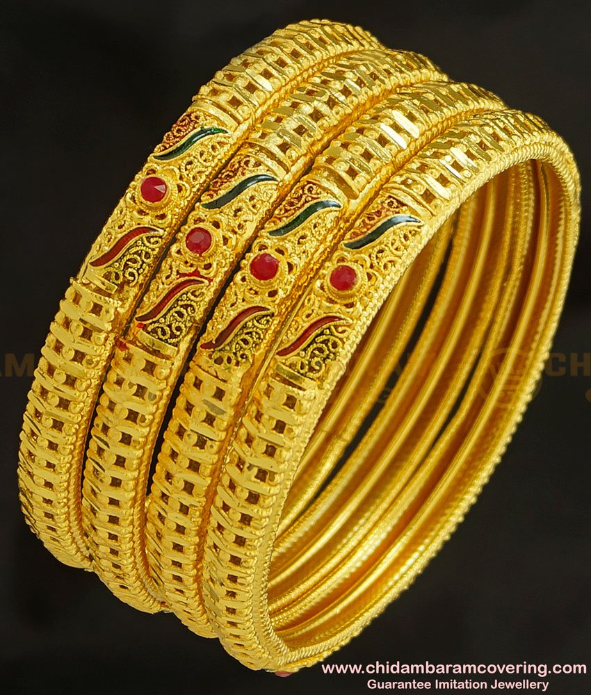 BNG232 - 2.6 Size First Quality One Gram Gold Forming Bridal Wear Enamel with Red Stone Gold Forming Set Of 4 Bangles Online