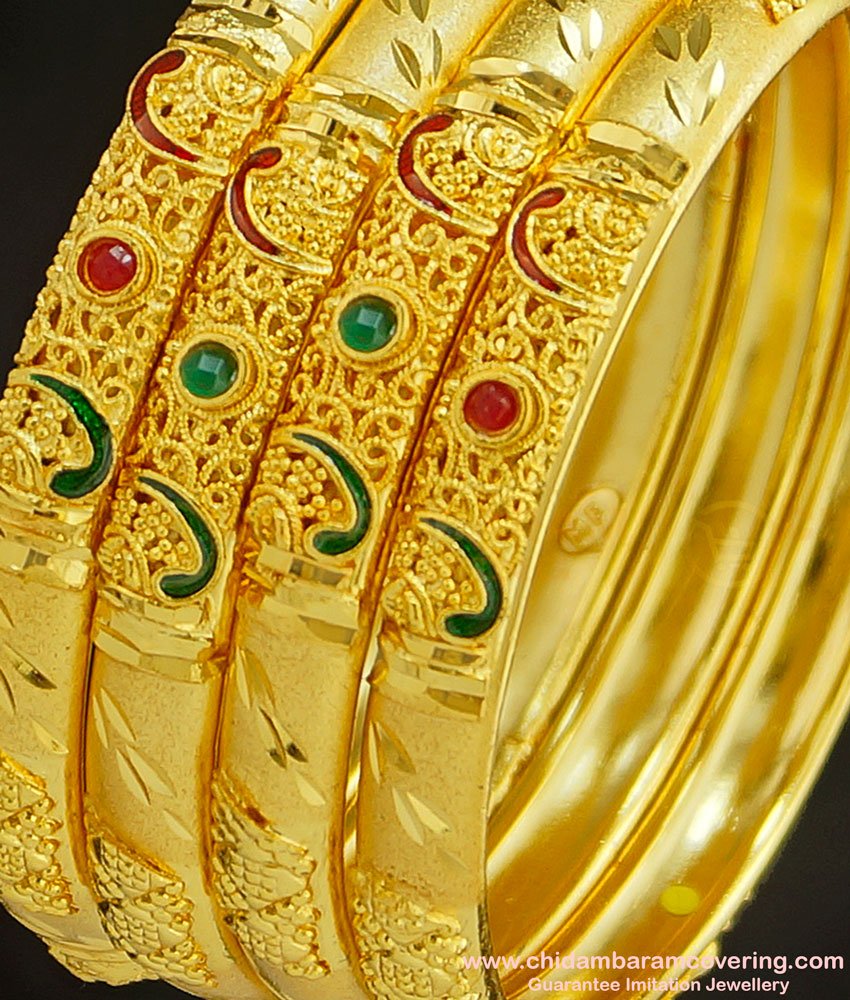 BNG234 - 2.4 Size Real Gold Colour One Gram Gold Forming Bridal Wear Enamel Stone Bangles Gold Forming Jewellery Online