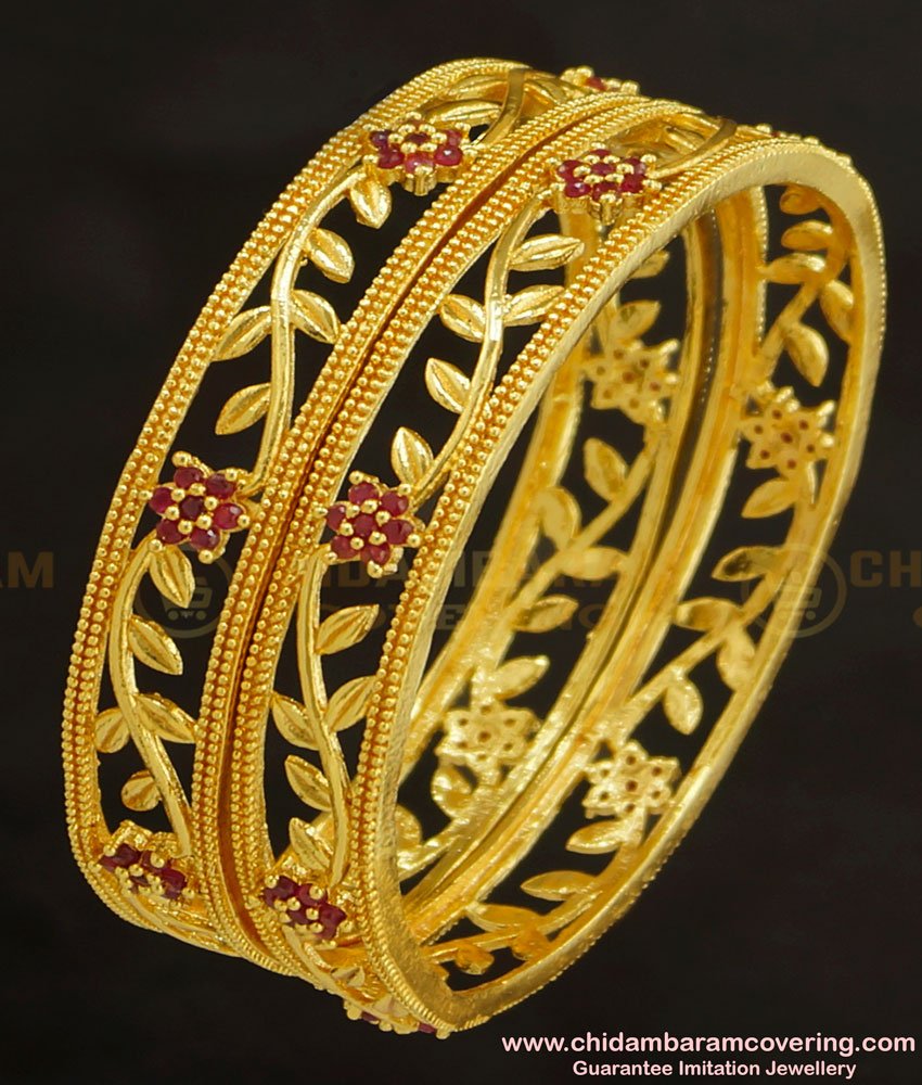 BNG236 - 2.8 Size Elegant Stylish Floral Design Ruby Stone Party Wear Bangles One Gram Gold Plated Jewellery Online