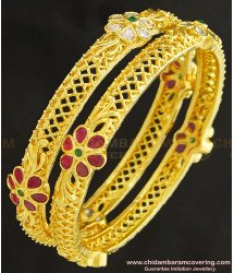 BNG259 - 2.4 Size Beautiful New Model White Stone Ruby Stone Flower Design Heavy Gold Bridal Bangles 