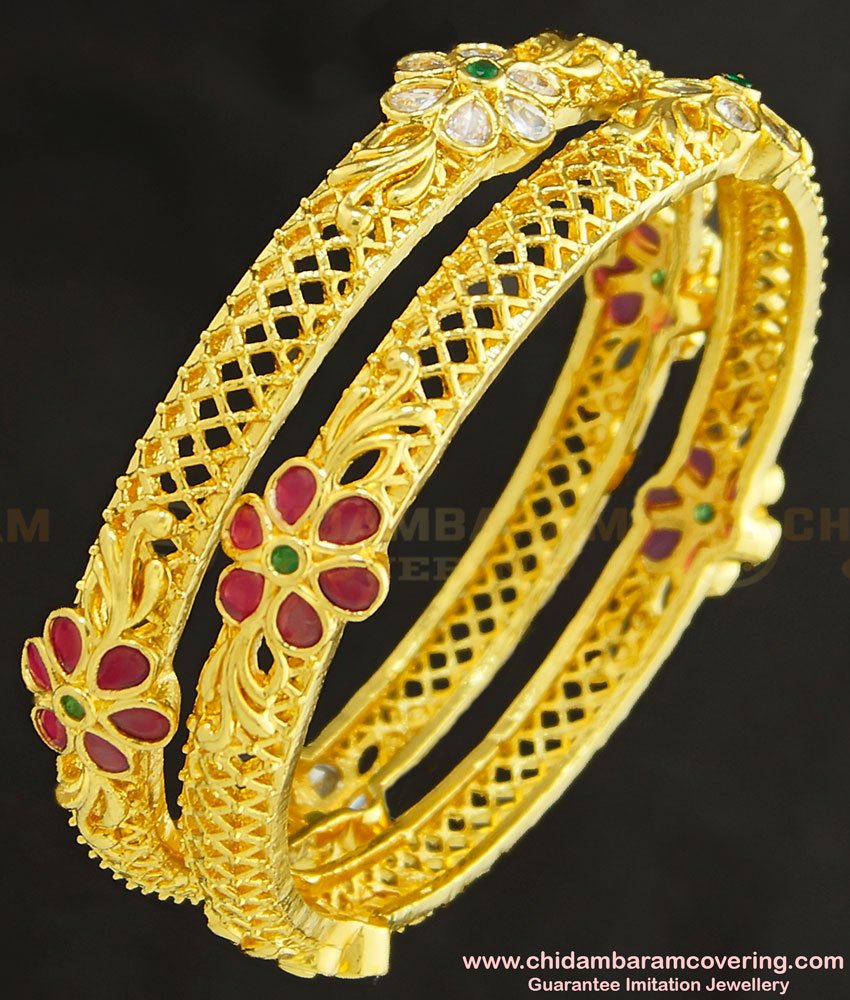 BNG259 - 2.8 Size Beautiful New Model White Stone Ruby Stone Flower Design Heavy Gold Bridal Bangles 