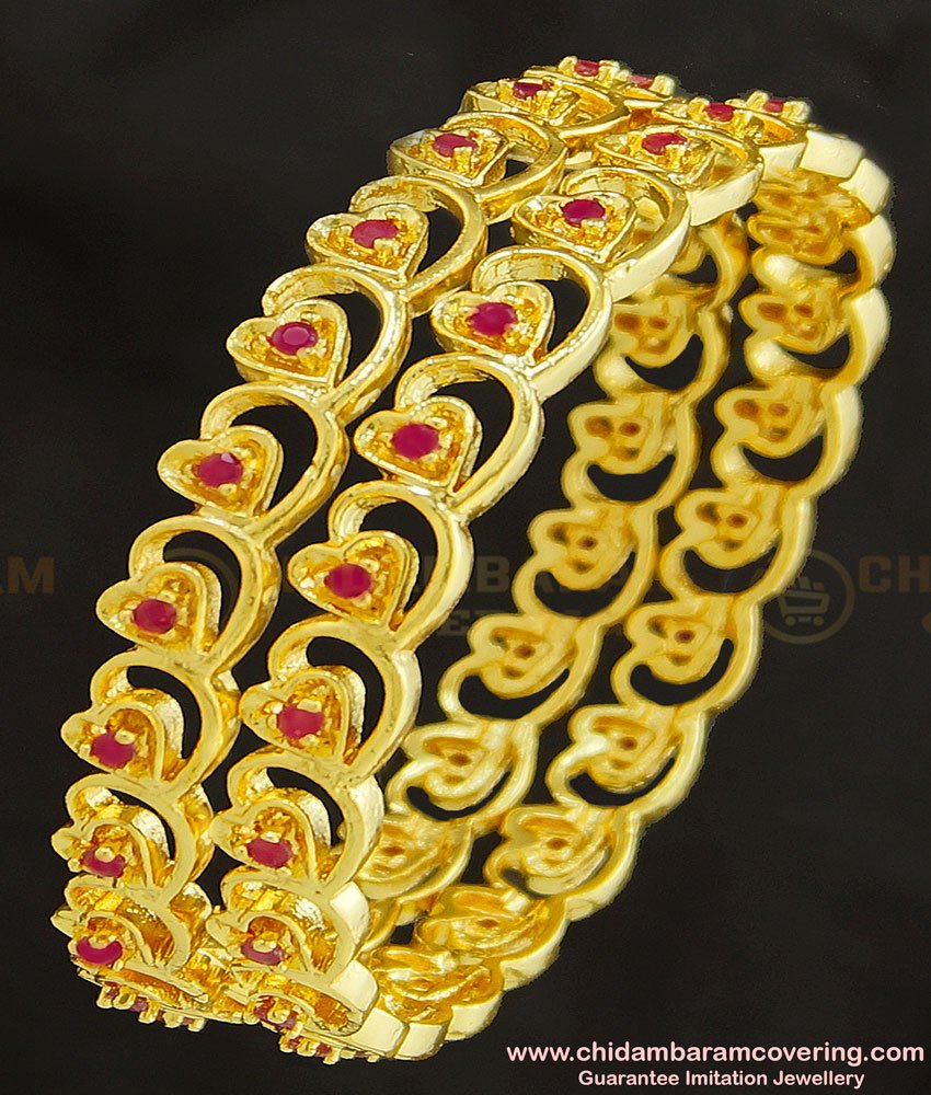 BNG260 - 2.8 Size Latest Gold Plated Broad Ruby Stone Heart Design Bangles for Indian Wedding