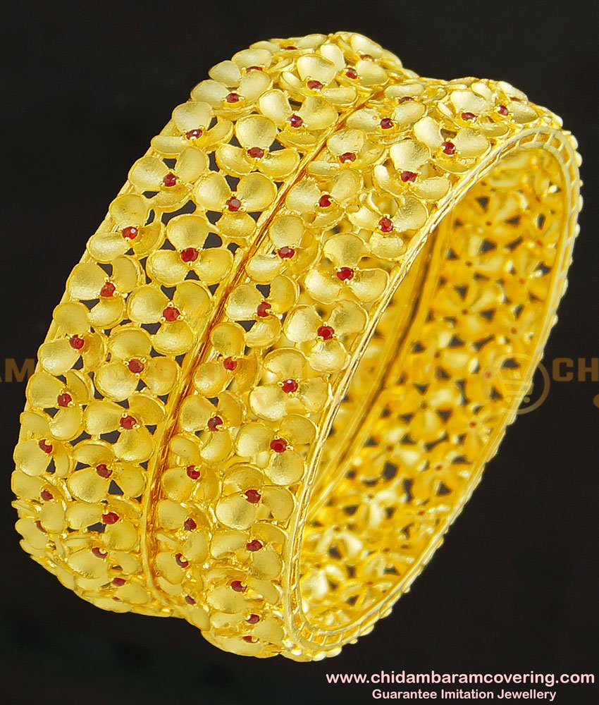 BNG264-2.6 Size Most Beautiful Floral Design Forming Ruby Stone Gold Inspired Wedding Bangles 