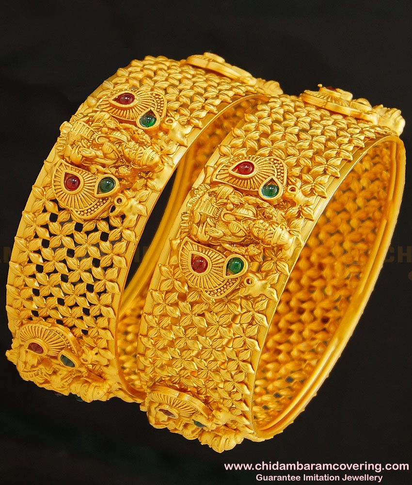 BNG265 -2.6 Size Premium Quality Brass Antique Temple Jewellery Lakshmi Design Broad Bangles Set for Women