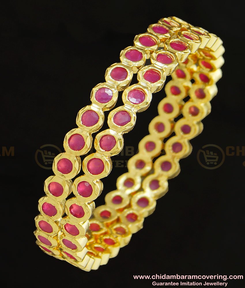 BNG281 - 2.6 Size Traditional Impon First Quality Full Ruby Stone Gold Bangles Design Panchaloha Bangles Online