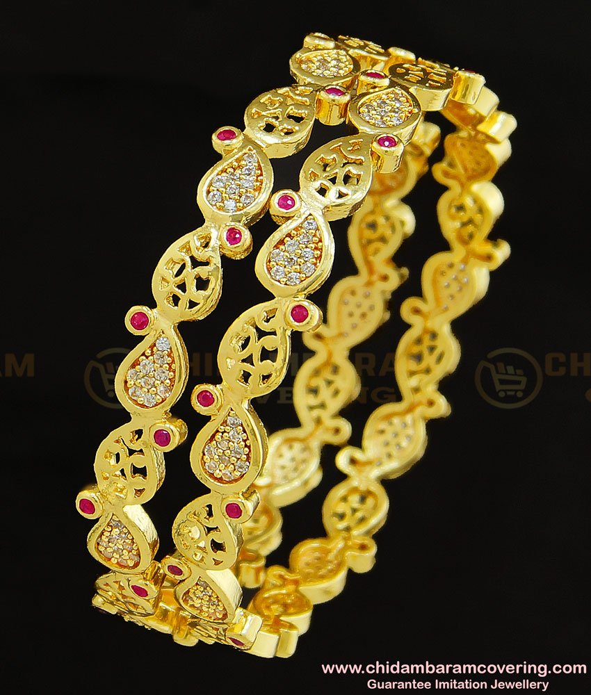 BNG283 - 2.8 Size New Model Party Wear 1 Gram Gold Plated Ad Stone Mango Design Bangle Buy Online