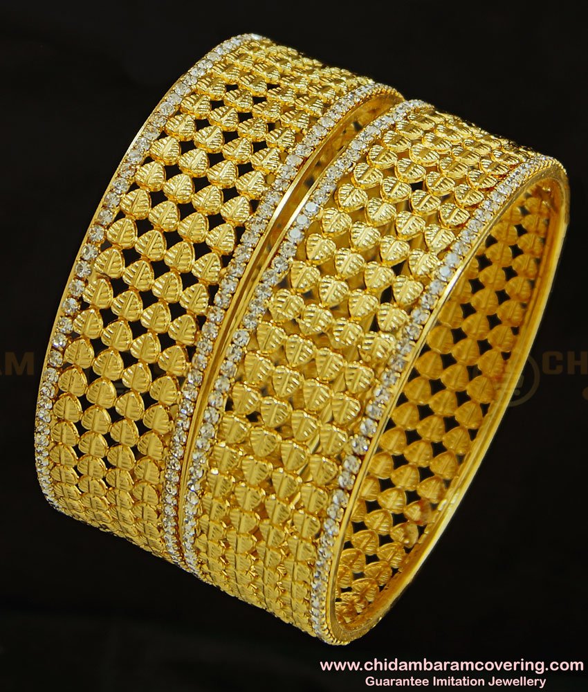 BNG287 - 2.4 Size New Pattern Leaf Model White Stone Party Wear Non Guarantee Broad Bangles Design Online
