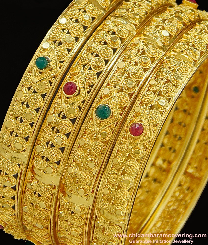 BNG290 - 2.10 Size Buy Bridal Wear Hand Work Red and Green Stone Gold Forming Bangles 4 Pieces Set Best Price Online
