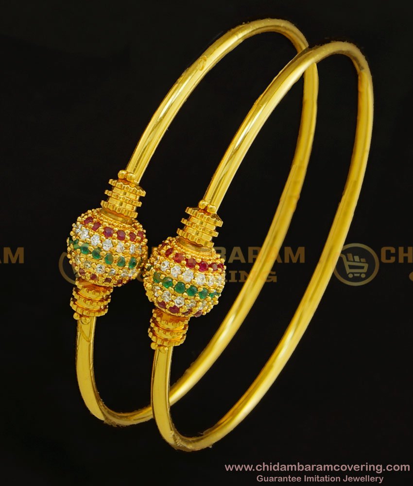 BNG311 - 2.10 Size Trendy Ad Stone Ball Kappu Bangles Simple Smooth Finish Gold Bangles Designs Online 