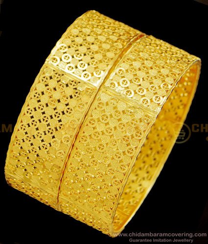 BNG380 - 2.6 Size New Net Pattern Gold Look Party Wear Broad Bangles Gold Plated Jewellery