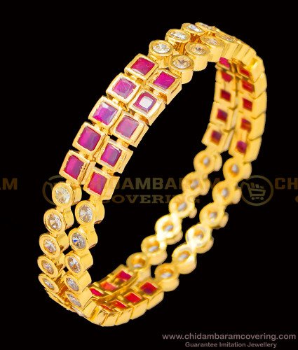 BNG395 - 2.8 Size Five Metal New Model White and Ruby Stone Impon Bangles Online Shopping