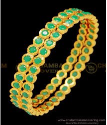 BNG397 - 2.8 Size Traditional Impon First Quality Full Green Emerald Stone Gold Bangles Design Online