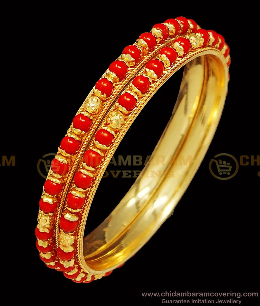 BNG400 - 2.8 Size Traditional Coral Bangles One Gram Gold Plated Red Bead Bangles Online