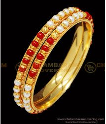 BNG401 - 2.6 Size Colorful Pearl and Red Coral Bangles One Gram Gold Plated Indian Beads Bangles Online