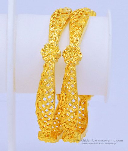 BNG445 - 2.6 Size Beautiful Real Gold Pattern Plain Flower Design Gold Forming Bangles for Women 