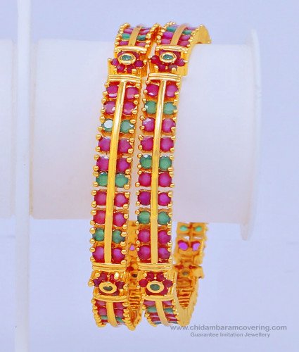 BNG448 - 2.8 Size New Arrival Beautiful First Quality One Gram Gold Ruby Emerald Wedding Bangles 