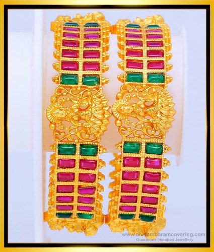 BNG467 -2.6 Size Traditional Temple Jewellery Kemp Stone Lakshmi Design Temple Bangles for Wedding  