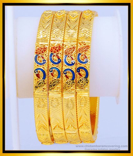 BNG474 - 2.8 Size Latest Design Enamel Gold Forming Peacock Design Wedding Bangles Set 