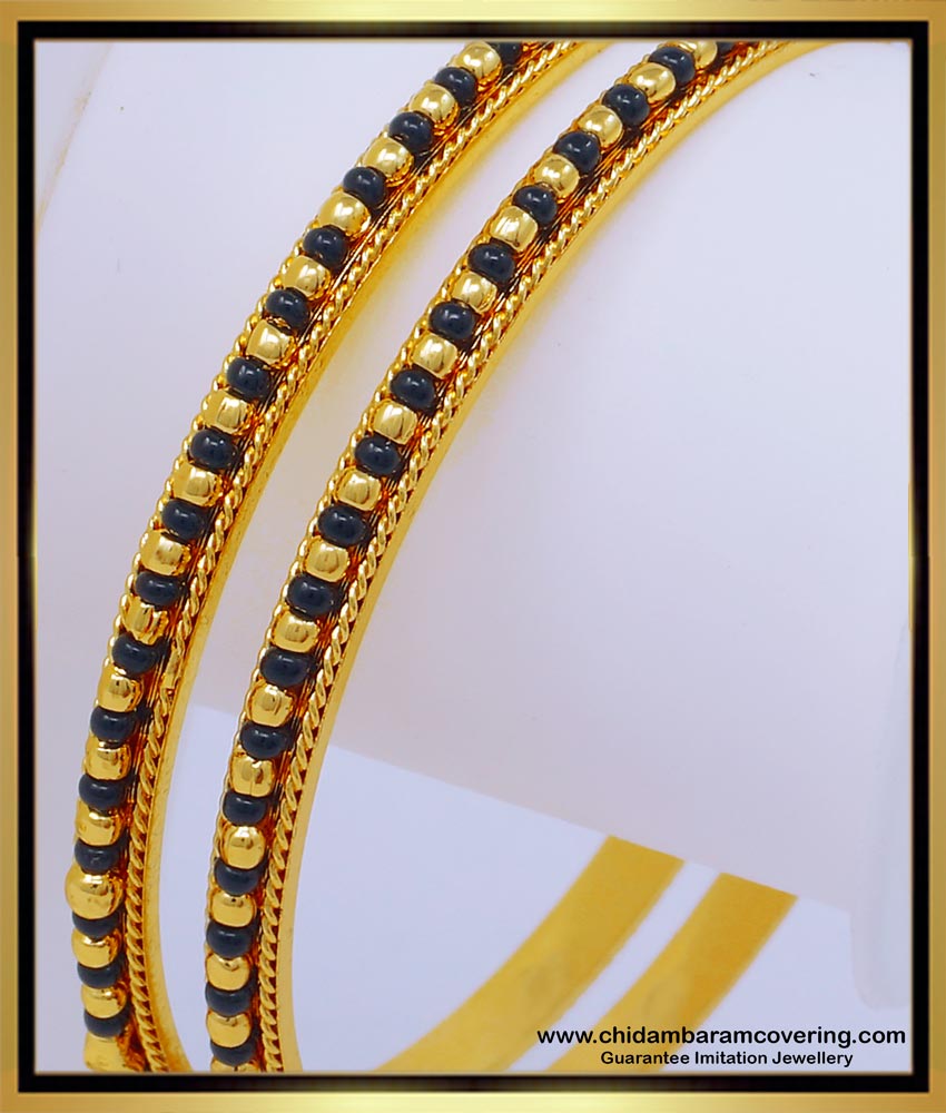BNG555 - 2.6 Size Beautiful One Gram Gold Daily Use Black Beads Gold Bangles Online